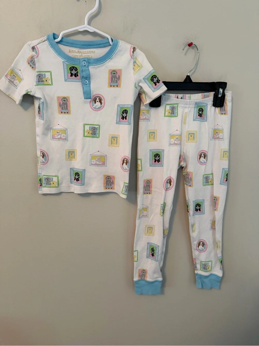 The Beaufort Bonnet Company White Puppy Print Pajama Set with Blue Trim